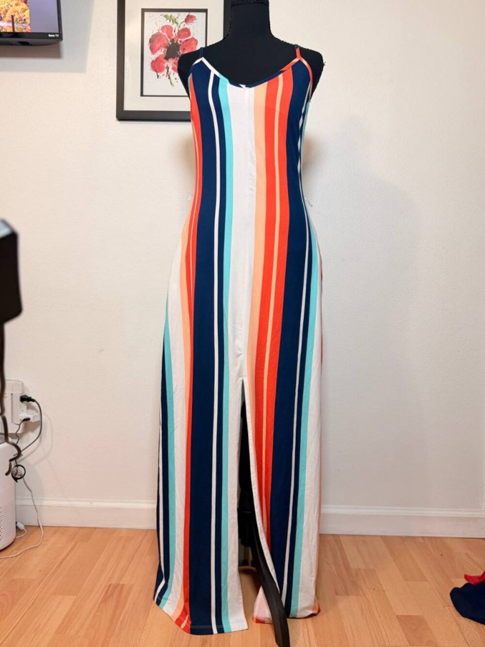 VENUS Striped Maxi Dress Slip Dress Adjustable Straps Coastal Resort Wear Sz S